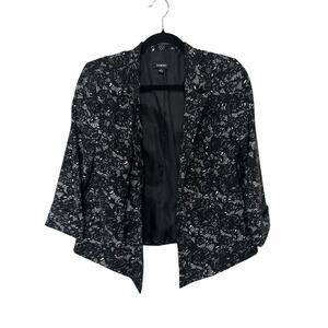 ELEMENTS Black White Lace Blazer Small Open Front Asymmetrical Hem EUC